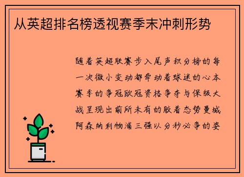 从英超排名榜透视赛季末冲刺形势